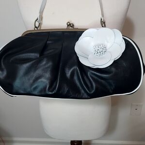 Moda International Black and White Medium Size Shoulder Purse with Floral Detail